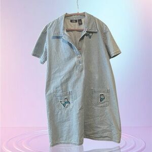 CB casual Vintage denim Butterfly-embroidered dress XL. Glitter detail Y2K 1990s
